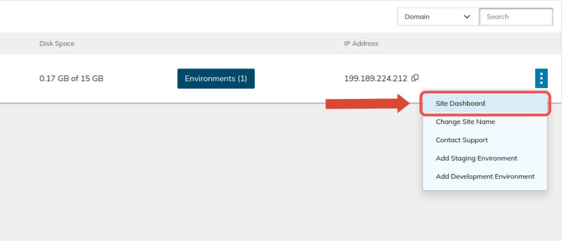 Open your hosting plan, navigate to the website you need and open its Site Dashboard as shown.