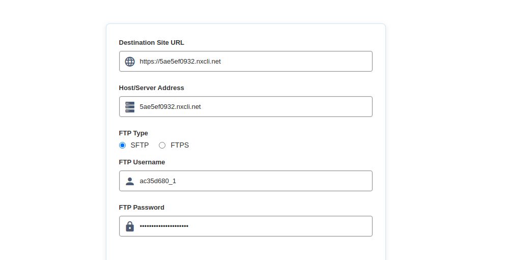 Use the temporary domain as the Destination Site URL and Server Address, and insert your new SFTP credentials retrieved from the Site Dashboard for the Migrate To Liquid Web & Nexcess WordPress plugin to transfer your Bluehost hosting WordPress or WooCommerce website to Nexcess.