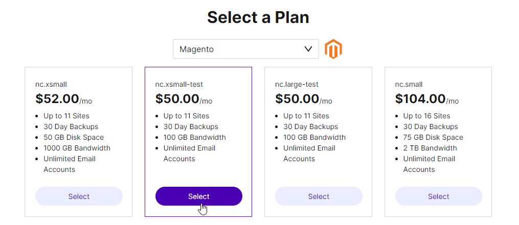 Start a hosting plan with a data center location strategy — pick a plan that suits your project based on available resources and click Select followed by Next.