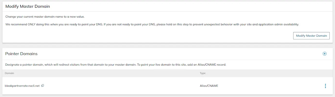 Once the DNS has been updated, the domain name in Nexcess can be changed to your real domain name. Open the Domains tab of your website management panel and click on the Modify Master Domain button.