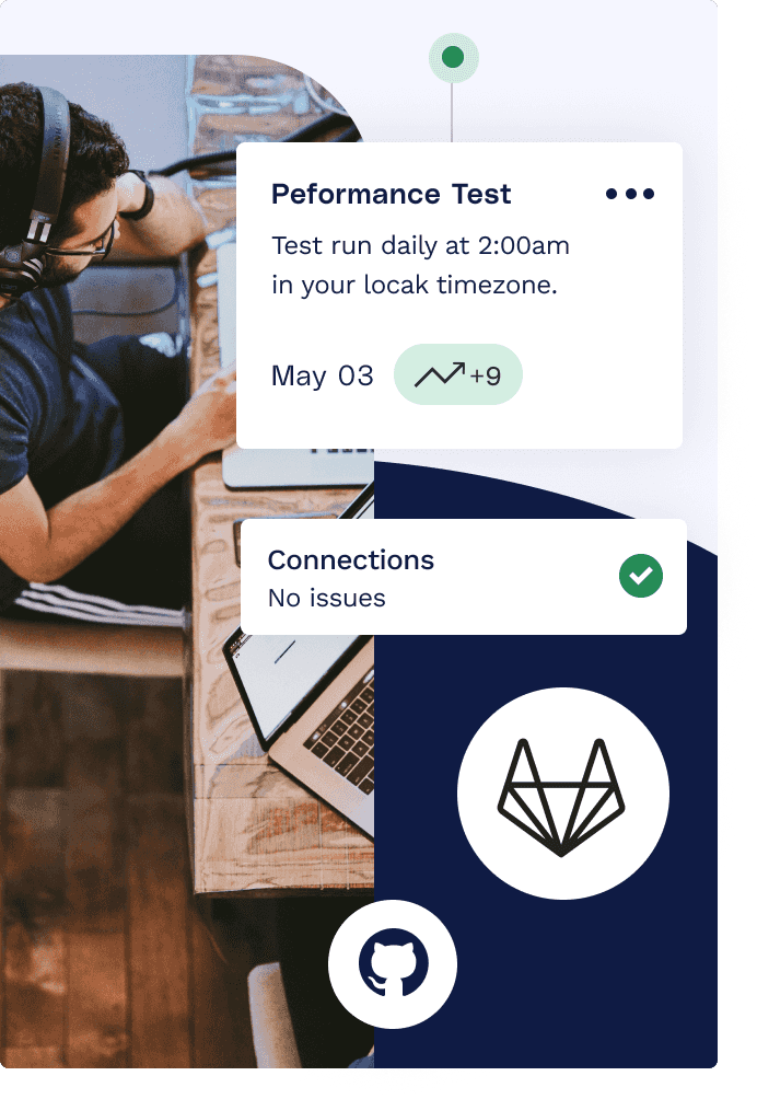 Agency leader working on his laptop pictured from above with performance score, load time, site changes and active plugins