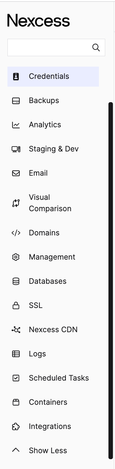 The Nexcess Client Portal will include the following options for both WordPress and WooCommerce Nexcess hosting products. To make more of the admin panel's features and options visible, please select +Show More.