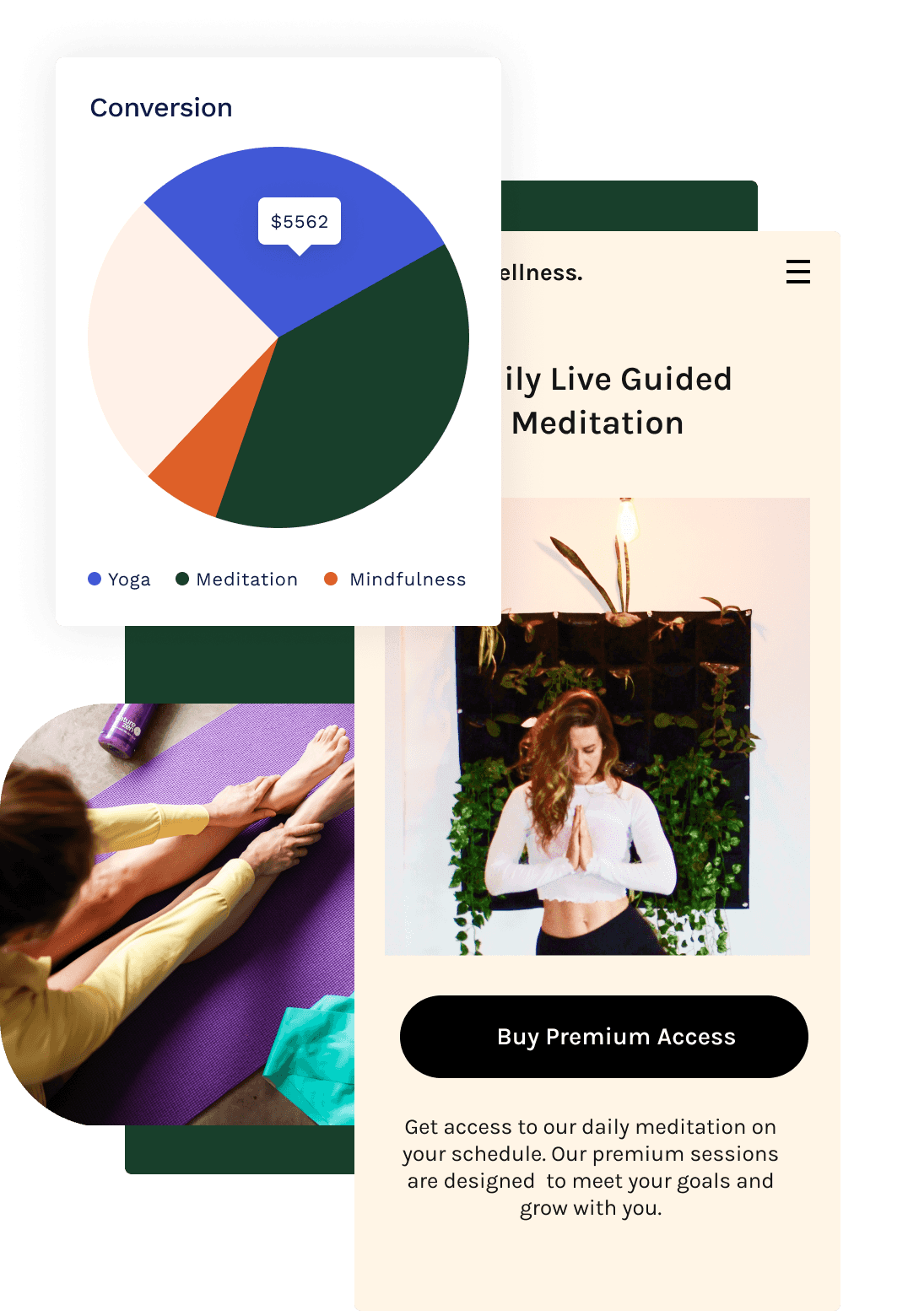Collage of yoga and wellness online store, graph showing the purchase totals for types of classes, yoga makes $5,562 of total class income, mobile example of a 'premium access' class with personalized solutions and daily meditation