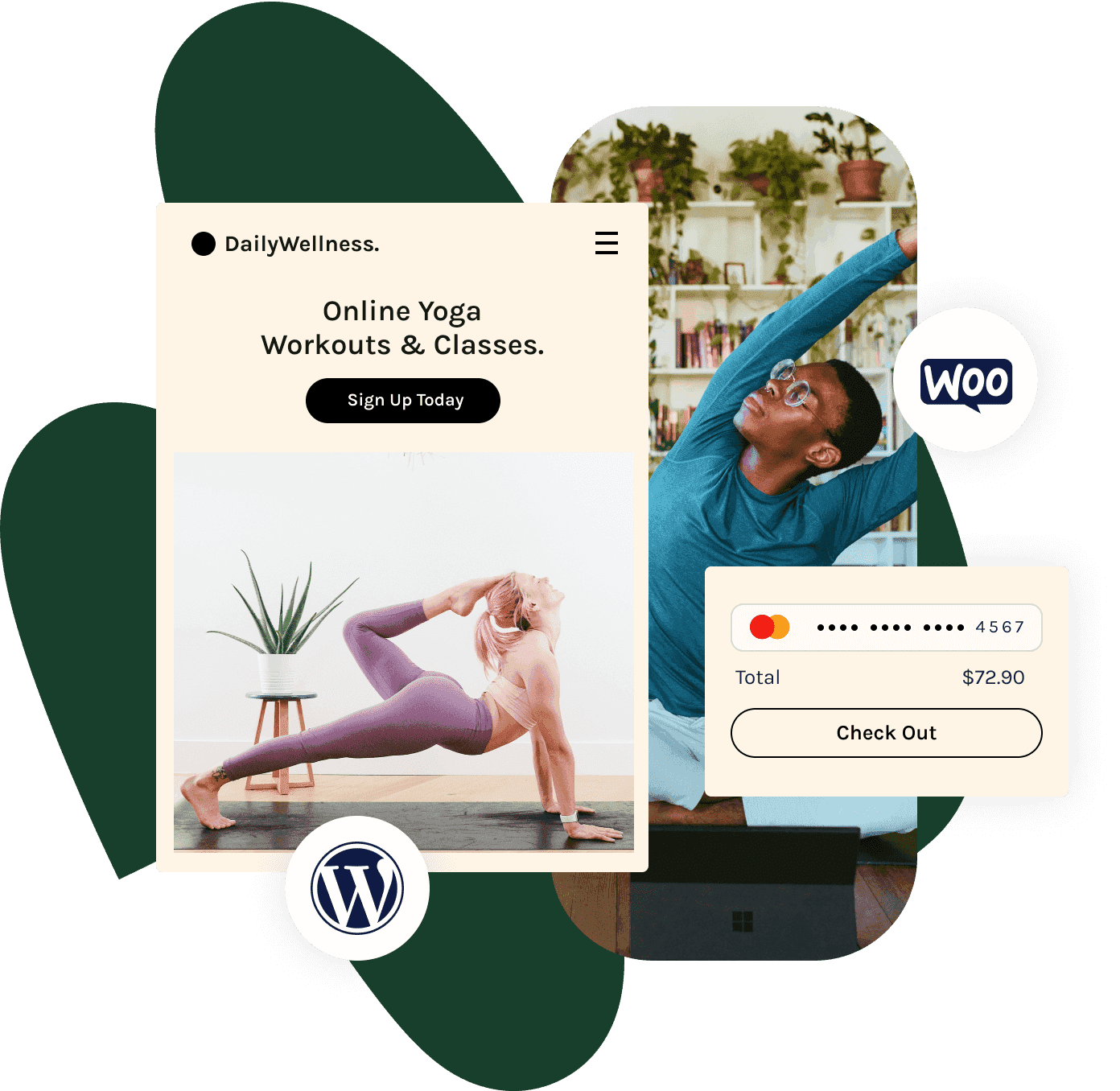 Online WordPress store example displaying yoga workouts & classes, WooCommerce and WordPress logos, and credit card input with checkout